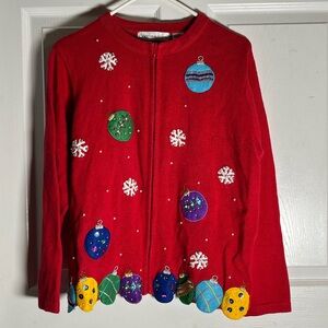 Victoria Jones Woman Red Sweater with Festive Ornament Accents